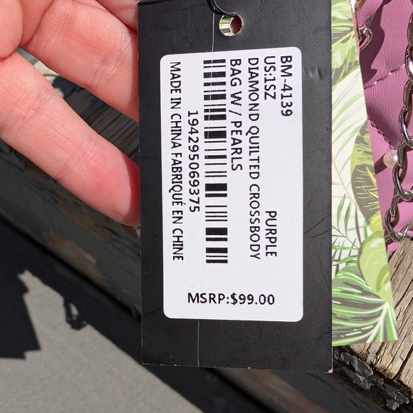 Badgley Mischka Diamond Quilted Crossbody Bag With Pearls Purple (New) - Picture 2 of 14